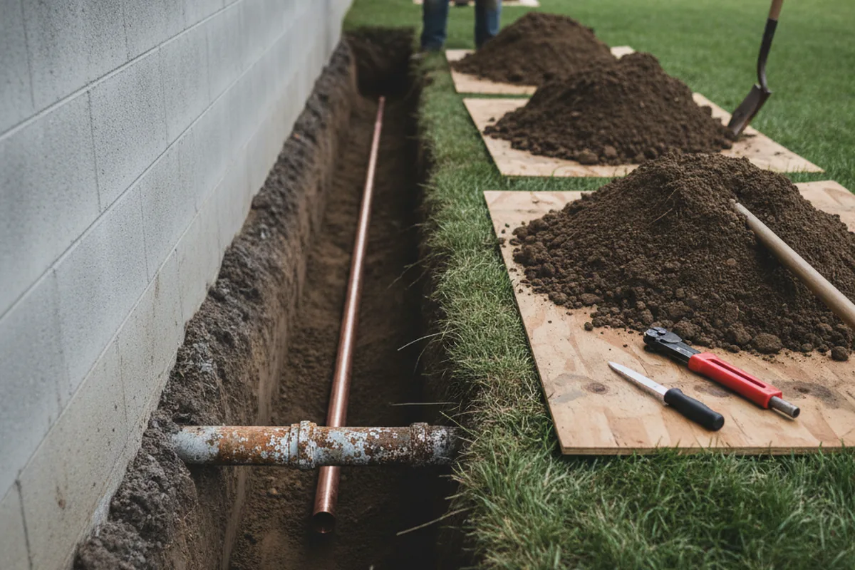 Excavated water line trench during Sewer Line Repair in Neffs